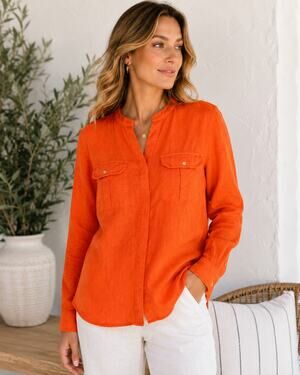 Lauren Ralph Lauren 100% Linen Orange Hidden Button Utility Shirt Women's L